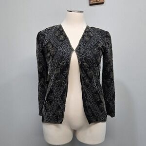 Vintage 80s Handmade Beaded Silk Jacket Large Black Evening Formal Art Deco Glam